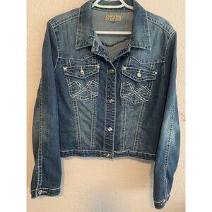 VTG Earl Jean Cropped Western Vibe Denim Faded Rhinestone Buttons Jacket Size L